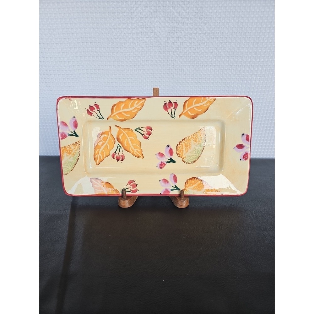 HOME Ceramic Yellow Rectangular fruit/cheese tray 7x13" Hand Paint Leaves Italy